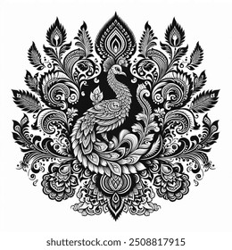 a combination of Thai patterns and floral elements forms an elegant peacock design
