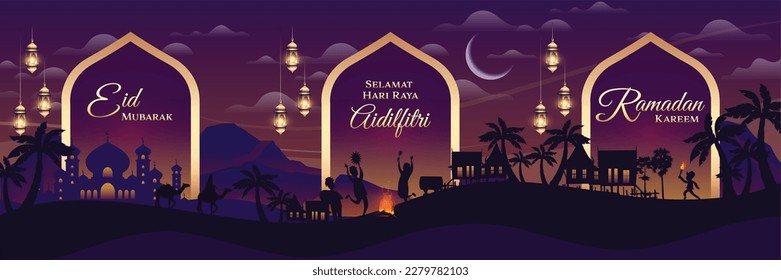 Combinación de tres conceptos Diseño Eid Mubarak, Selamat Hari Raya Aidilfitri, Ramadan Kareem (Vector)