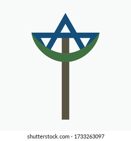 Combination of the three monotheistic religions symbols. Harmony of religions concept symbolizes equality, hope, religious freedom and acceptance of the other. Star of David with a crescent on a cross