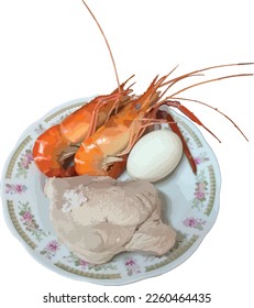 A combination of three necessary foods for worship on the 10th day of the Lunar New Year (boiled shrimp, eggs, pork). They stand in for Earth, Water, and Sky. A practice of honoring the God of money