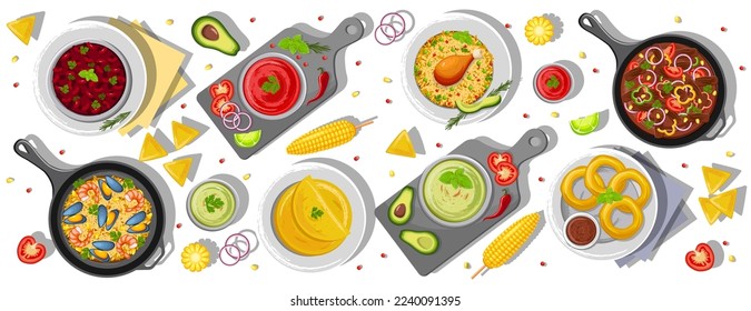 A combination of traditional Mexican dishes on the table, top view. Latin American cuisine. Banner, website, advertisement. Mexican cuisine menu. Poster for restaurants with dishes, snacks and sauces.