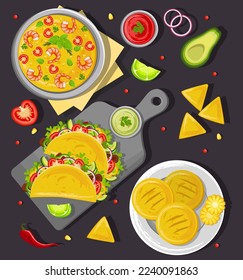 A combination of traditional Mexican dishes on the table, top view. Latin American cuisine. Banner, website, advertisement. Mexican cuisine menu. Poster for restaurants with dishes, snacks and sauces.