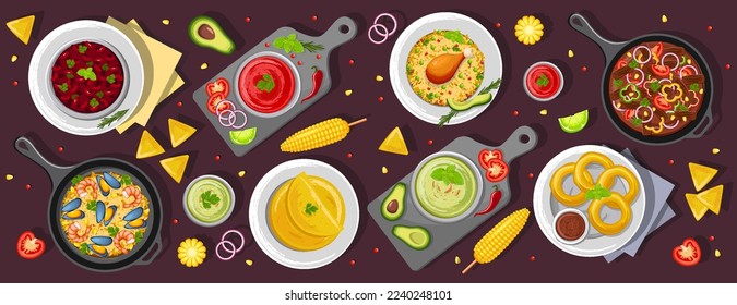 A combination of traditional Mexican dishes on the table, top view. Latin American cuisine. Banner, website, advertisement. Mexican cuisine menu. Poster for restaurants with dishes, snacks and sauces.