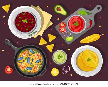 A combination of traditional Mexican dishes on the table, top view. Latin American cuisine. Banner, website, advertisement. Mexican cuisine menu. Poster for restaurants with dishes, snacks and sauces.