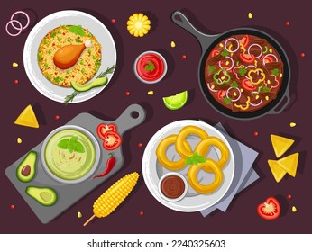 A combination of traditional Mexican dishes on the table, top view. Latin American cuisine. Banner, website, advertisement. Mexican cuisine menu. Poster for restaurants with dishes, snacks and sauces.