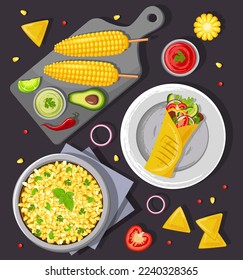 A combination of traditional Mexican dishes on the table, top view. Latin American cuisine. Banner, website, advertisement. Mexican cuisine menu. Poster for restaurants with dishes, snacks and sauces.