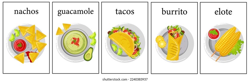 A combination of traditional Mexican dishes on the table, top view. Latin American cuisine. Banner, website, advertisement. Mexican cuisine menu. Poster for restaurants with dishes, snacks and sauces.