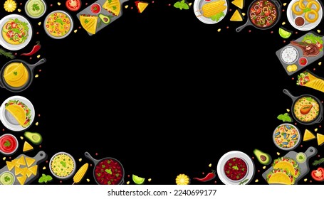 A combination of traditional Mexican dishes on the table, top view. Latin American cuisine. Banner, website, advertisement. Mexican cuisine menu. Poster for restaurants with dishes, snacks and sauces.