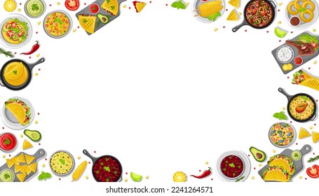 A combination of traditional Mexican dishes on the table, top view. Latin American cuisine. Banner, website, advertisement. Mexican cuisine menu. Poster for restaurants with dishes, snacks and sauces.