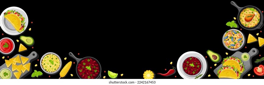 A combination of traditional Mexican dishes on the table, top view. Latin American cuisine. Banner, website, advertisement. Mexican cuisine menu. Poster for restaurants with dishes, snacks and sauces.