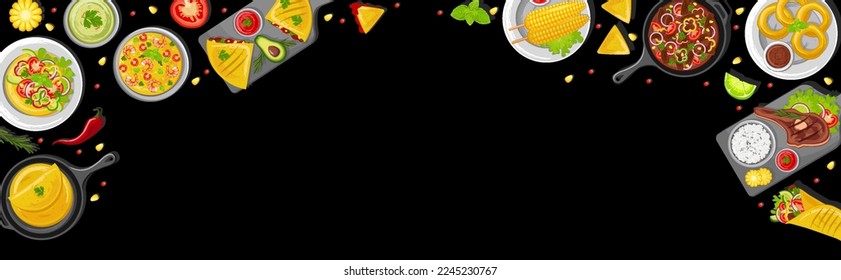 A combination of traditional Mexican dishes on the table, top view. Latin American cuisine. Banner, website, advertisement. Mexican cuisine menu. Poster for restaurants with dishes, snacks and sauces.