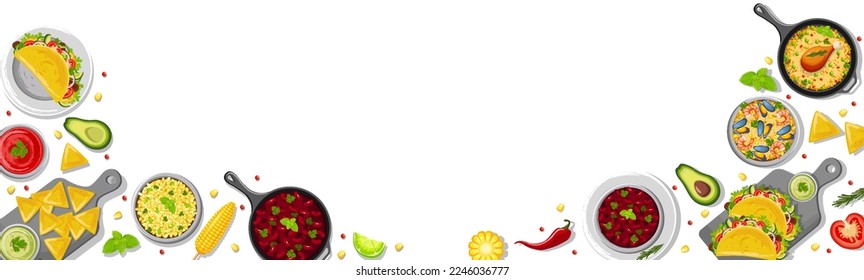 A combination of traditional Mexican dishes on the table, top view. Latin American cuisine. Banner, website, advertisement. Mexican cuisine menu. Poster for restaurants with dishes, snacks and sauces.