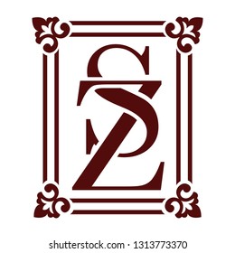 The combination of two letters in a wreath. The letter S and the letter Z. The combination of two characters.