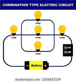 Combination Type Electricity Circuit Vector Illustration for educational purpose with element of lamp, switch, electric wire and battery. Electric circuit diagram isolated on white background