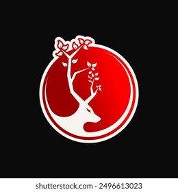 combination vector of deer antelope buck stag hart elk reindeer head with tree branch antlers on a red circle background like the japan japanese national flag silhouette logo design inspiration