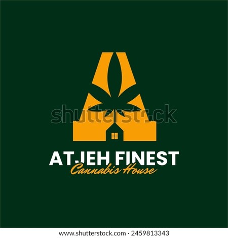 combination vector of letter A, cannabis marijuana ganja weed hemp pot leaf with house home window door icon symbol character suitable for cannabis house or cannabis shop logo design inspiration