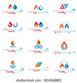 Combination of water and fire elements abstract logotypes collection, nature power.