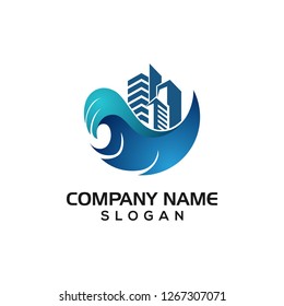 Combination of Wave with Building construction and Home for Real Estate or business constructors Logo template