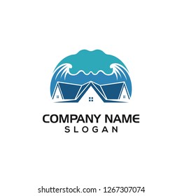 Combination of Wave with Building and Home for Real Estate or Construction Logo template