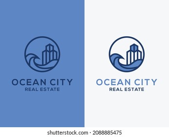 Combination of Wave with Building and Home for Real Estate or Construction, Design logo template