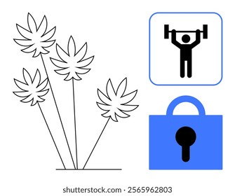 Combination of weightlifting and padlock icons alongside minimalist botanical design. Ideal for fitness, security, growth, natural lifestyle, and health themes. Simple line art style