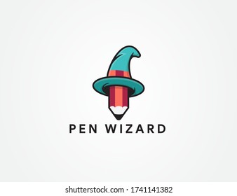 Combination of wizard hat and pencil shape.Pen wizard logo design template. 