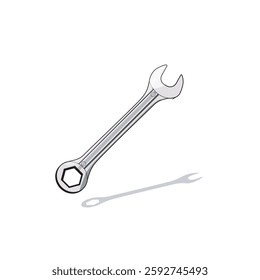 Combination wrench with an open-end and a box-end for versatile use in mechanical, automotive, and industrial applications. Steel tool for tightening and loosening nuts and bolts with precision.