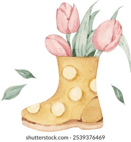 A combination of a yellow children's boot and a pink tulip