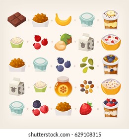 Combinations of food products that make delicious breakfast. Do the math! Illustration of vector breakfast meals. Part 1/4