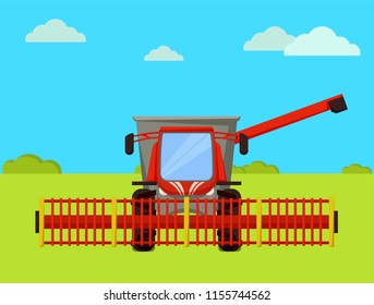 Combine agricultural machine working on farm. Farming vehicle, industrial device for crops harvesting. Autumn season and harvester on farmland vector
