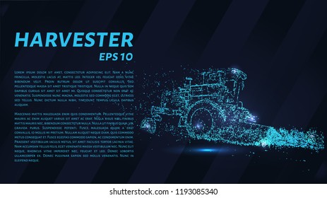 Combine agricultural machinery from particles on a dark background. Harvester consists of geometric shapes. Vector illustration.