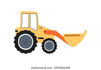 Combine with bucket. Equipment for construction and destruction of buildings. Excavation and burial machines, transport. Urban, city construction and renovation. Cartoon flat vector illustration