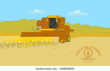 Combine in the field. Illustration in sketch style for agricultural business.