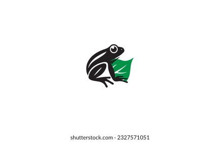 combinar rana con el logotipo de hoja verde simple icono plano sobre fondo blanco