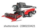 Combine harvester. Agriculture industrial farm equipment machine machinery job red vehicle vector illustration 3d realistic. Farming transport isolated on white.