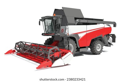 Combine harvester. Agriculture industrial farm equipment machine machinery job red vehicle vector illustration 3d realistic. Farming transport isolated on white.