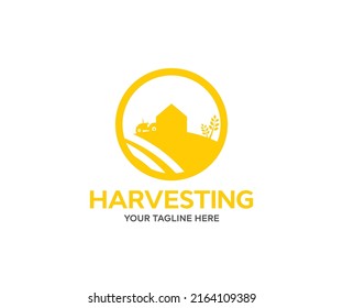 Combine harvester agriculture machine harvesting golden ripe wheat field logo design. Combine harvesters Agricultural machinery vector design and illustration.