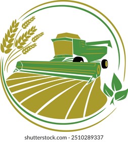 Uma ceifeira-debulhadora coleta grãos. Combine colheitadeira no campo, logotipo isolado. Sinal de agricultura.  Símbolo de design, logotipo. Ilustração vetorial.
Logótipo de produção agrícola com colheita