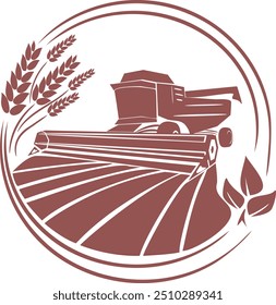 Uma ceifeira-debulhadora coleta grãos. Combine colheitadeira no campo, logotipo monocromático isolado. Sinal de agricultura.  Símbolo de design, logotipo. Ilustração vetorial.
Logótipo de produção agrícola com colheita