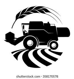 Combine harvester in a field - the symbol contains draw of plough field, combine harvester and wheat ear