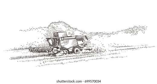 Combine Harvester in the field. Vector. 