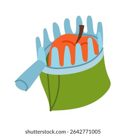 combine colheitadeira para a colheita de grandes frutas com uma maçã dentro. Ilustração em cores planas. Ferramentas de jardinagem. É adequado para agrothematics, aplicações, materiais educacionais, embalagem de produtos