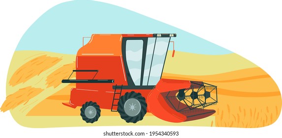 Combine harvester harvests farm, machinery for agriculture, wheat farmland, cartoon style vector illustration, isolated on white. svg