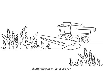 A combine harvester harvests wheat on a field. Agricultural work. Field of grain crops. Vector illustration. Images produced without the use of any form of AI software at any stage. 