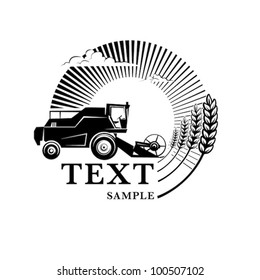 Combine harvester on a wheat field against sun. Engraving style svg