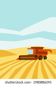 Combine harvester on wheat field. Agricultural illustration farm rural landscape.