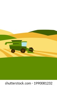 Combine harvester on wheat field. Agricultural illustration farm rural landscape.