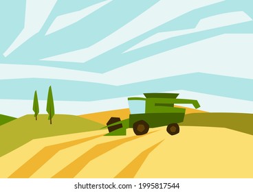 Combine harvester on wheat field. Agricultural illustration farm rural landscape.