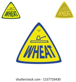 Combine harvester - on yellow field and text "WHEAT"  in bottom side of composition. All elements are placed in triangular shield. Good for agricultural or country logo.