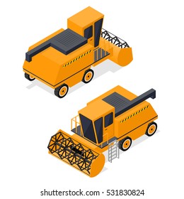 Combine Harvester Set Isometric View Agricultural Vehicles. Work in Agriculture Vector illustration of two combines front and back